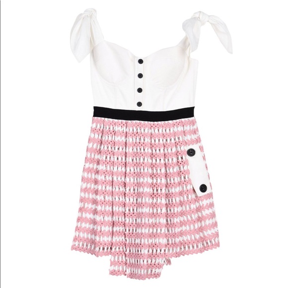 Self-Portrait Dresses & Skirts - Self-Portrait White and Pink Tie-Shoulder Knit Fit-and-Flare Dress